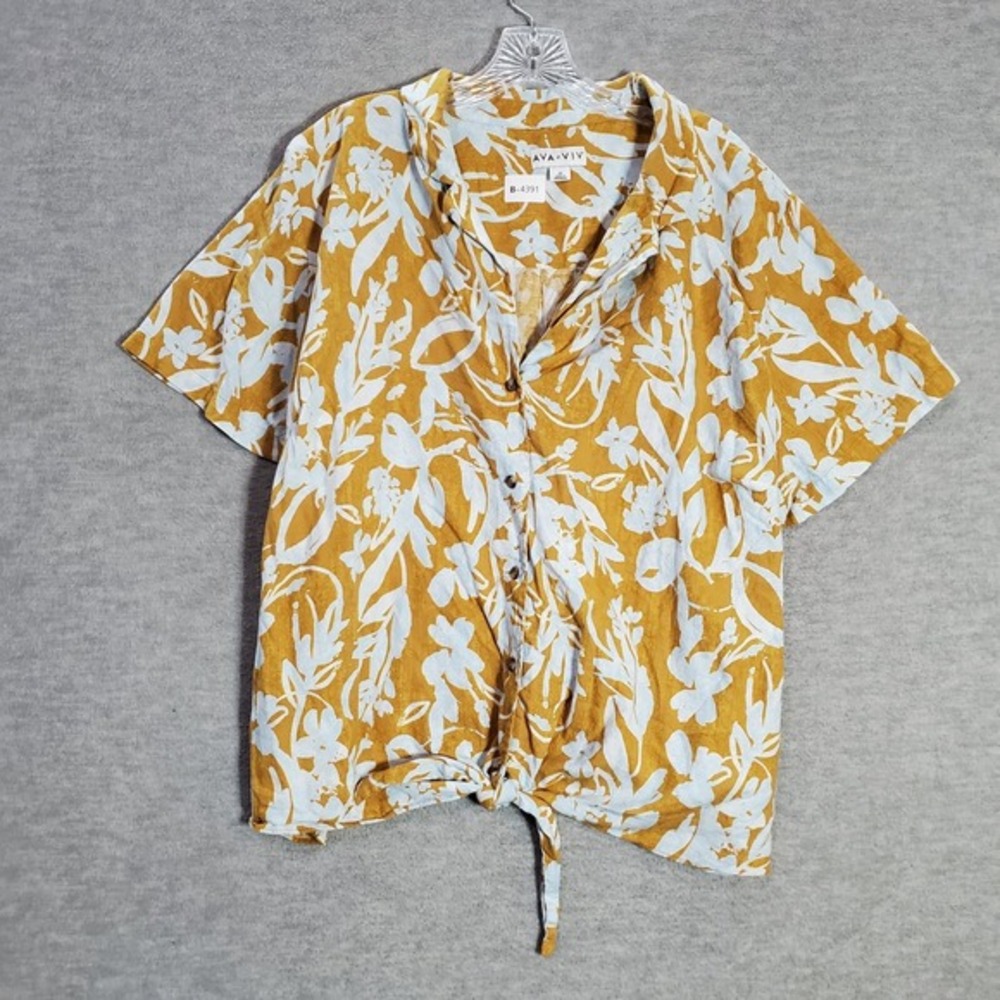 Ava & Viv Women Top 3X Orange Foral Linen Blend Button Up Short Sleeve Collar